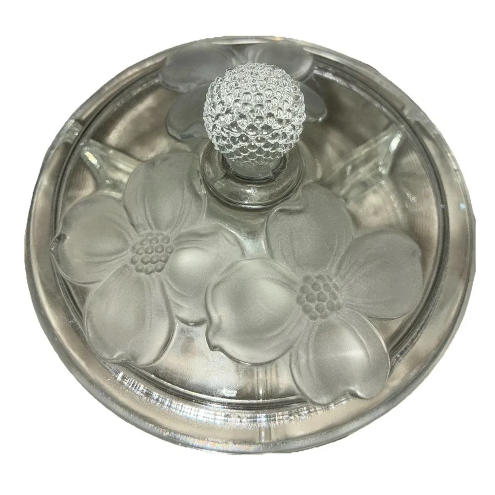 Vintage Clear Glass Divided Candy Dresser Dish Box with Lid‎ Frosted Dogwood